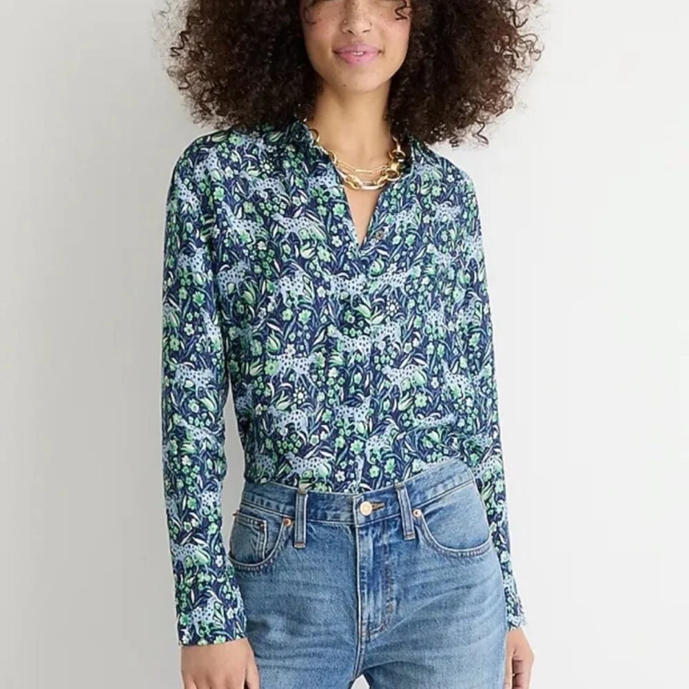 J. Crew blue and green floral leopard button down blouse